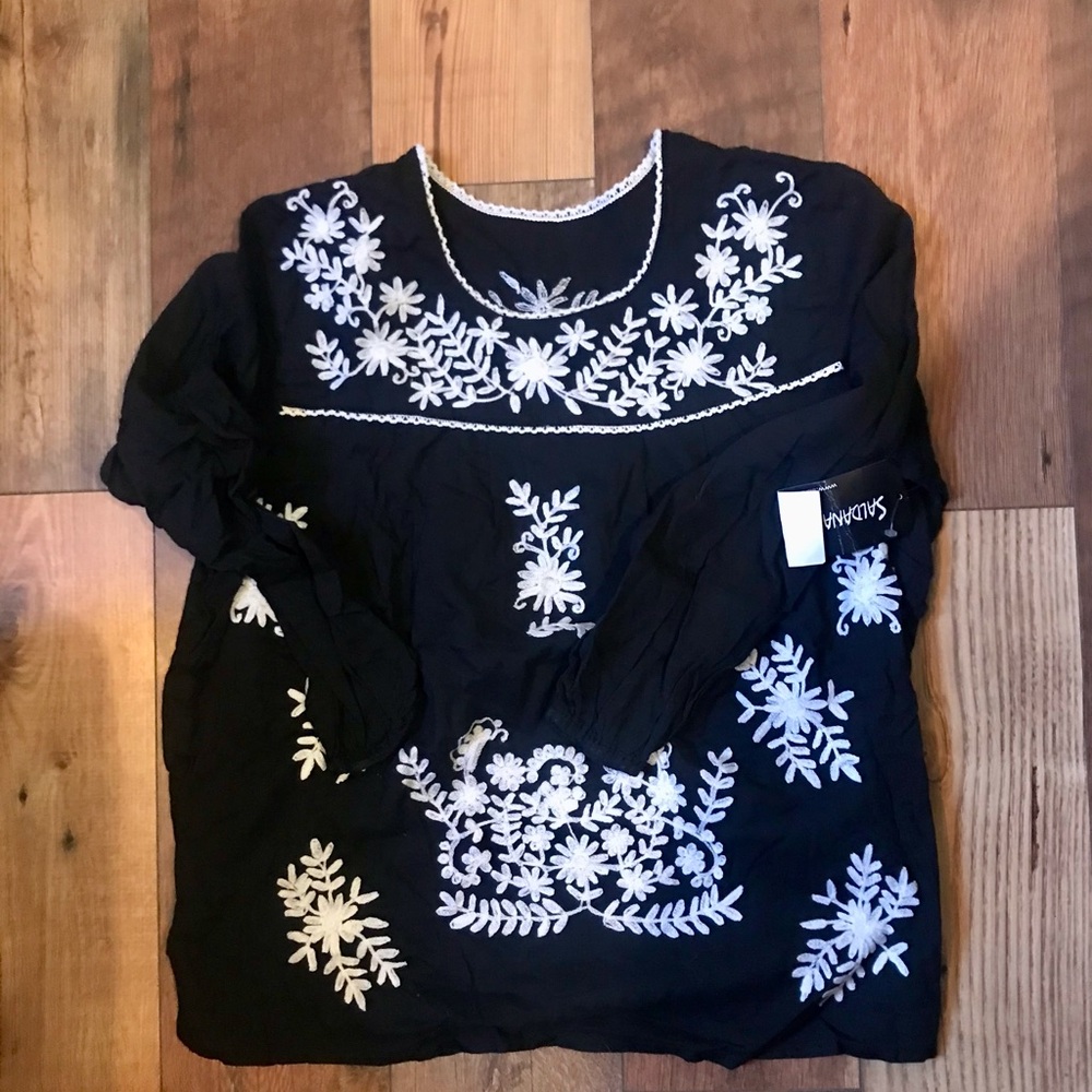 Mexican styled Embroidered Black and White Women's long sleeved Top